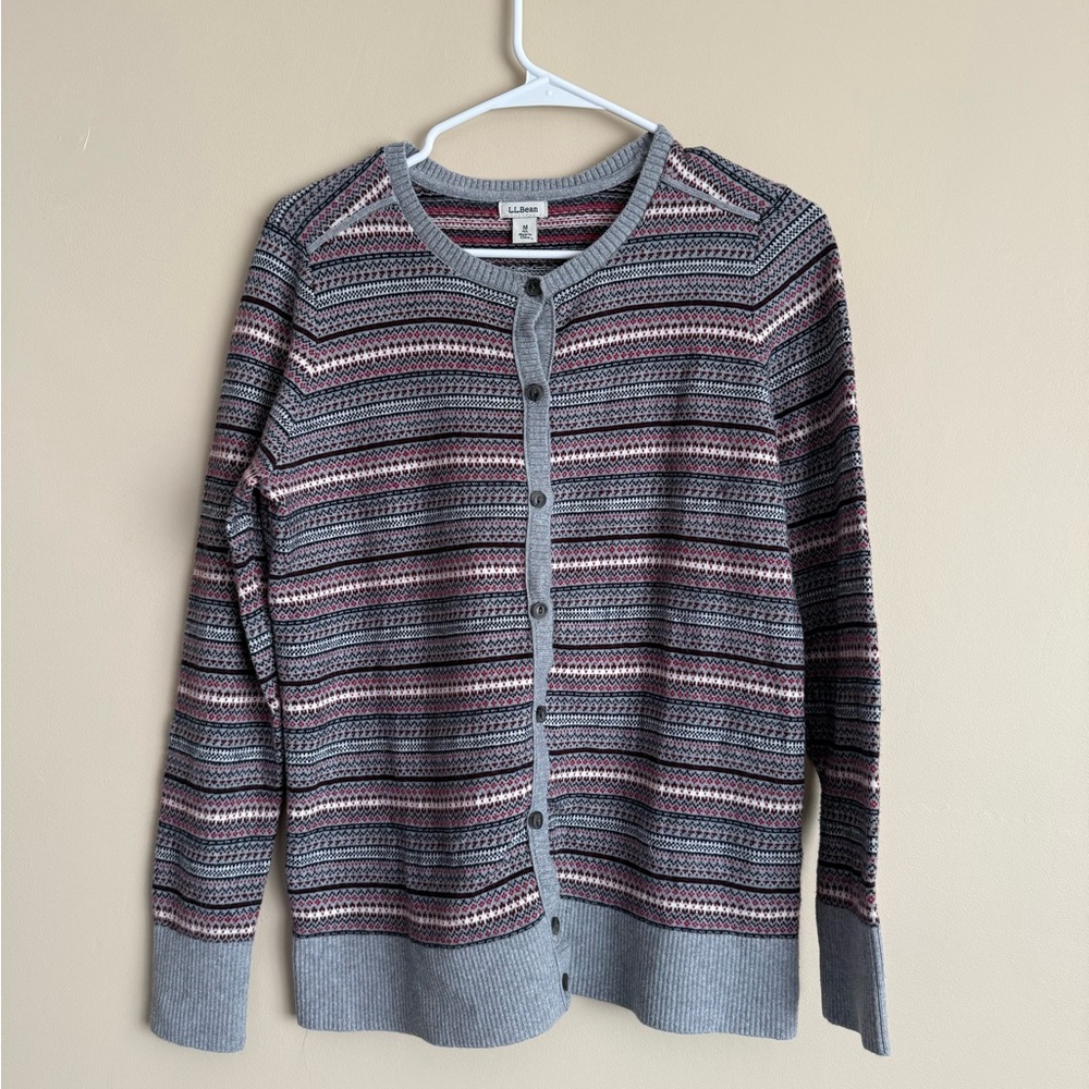 L.L. Bean Gray and Pink Striped Cardigan